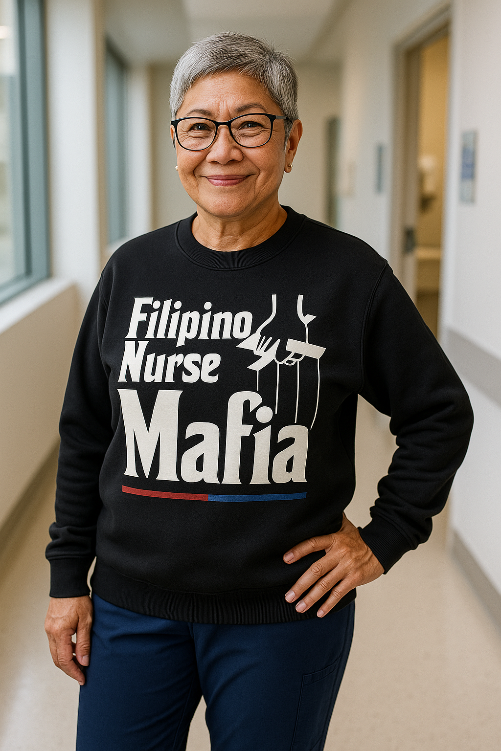 Black crewneck sweatshirt with Filipino Nurse Mafia logo worn by a medical professional in a clinic.