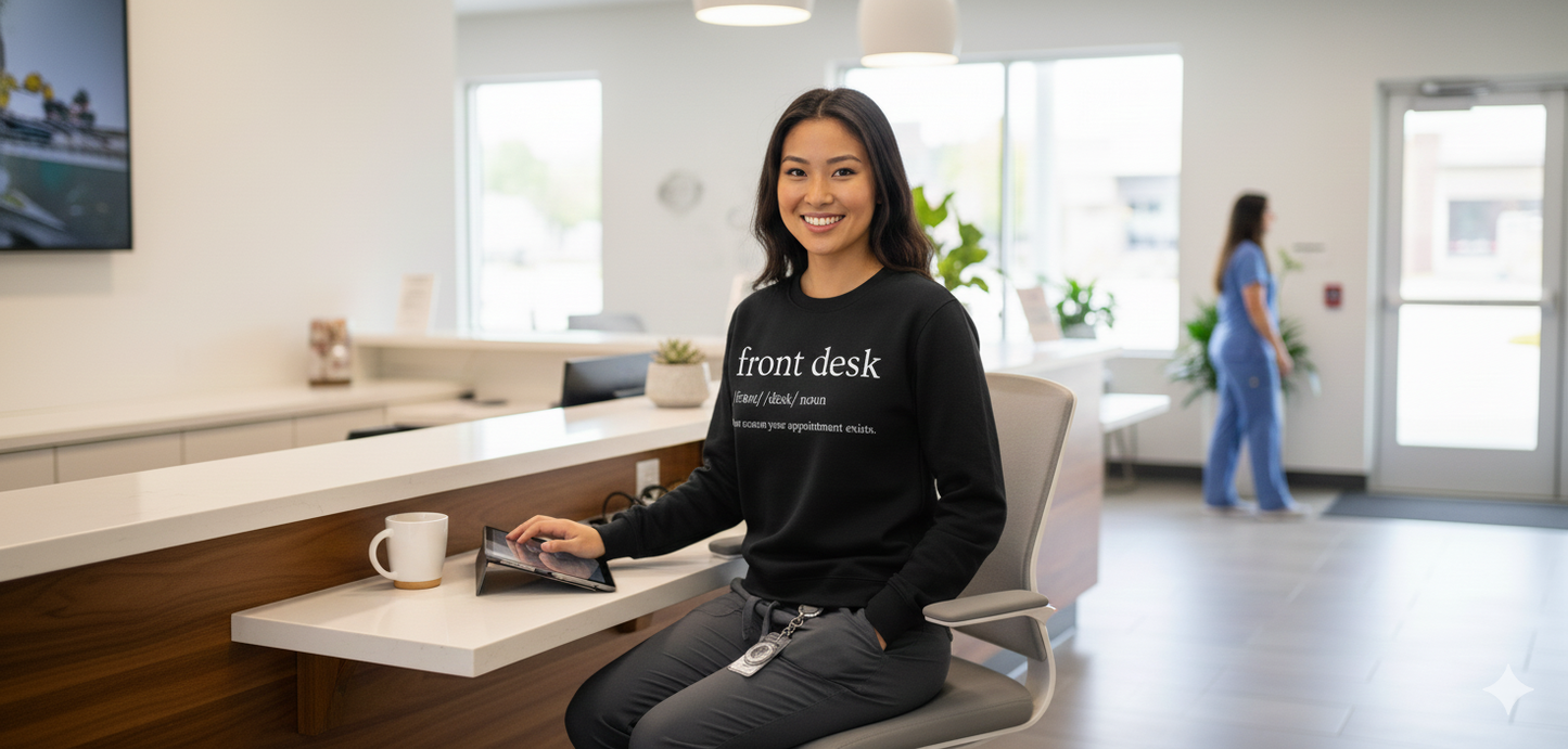 Black crewneck sweatshirt featuring "Front Desk" definition text, designed for medical receptionists and outpatient office staff.