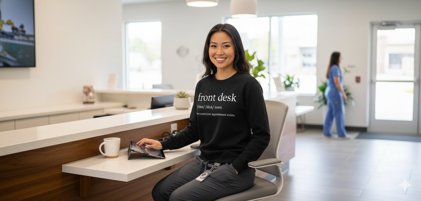 Black crewneck sweatshirt featuring "Front Desk" definition text, designed for medical receptionists and outpatient office staff.