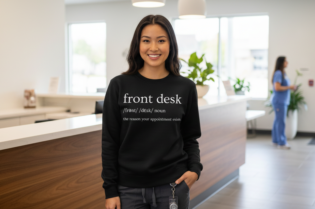 Black crewneck sweatshirt featuring "Front Desk" definition text, designed for medical receptionists and outpatient office staff.
